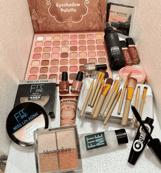 All in one Makeup Set  Eye shadow palette, 2 Nails polish, 2 in 1 face powder, Mascara, Fixer Spray, lipstick, Brush set, Primer, lip gloss, 4 in 1 highlighter, Blush and Foundation tube Glowxii